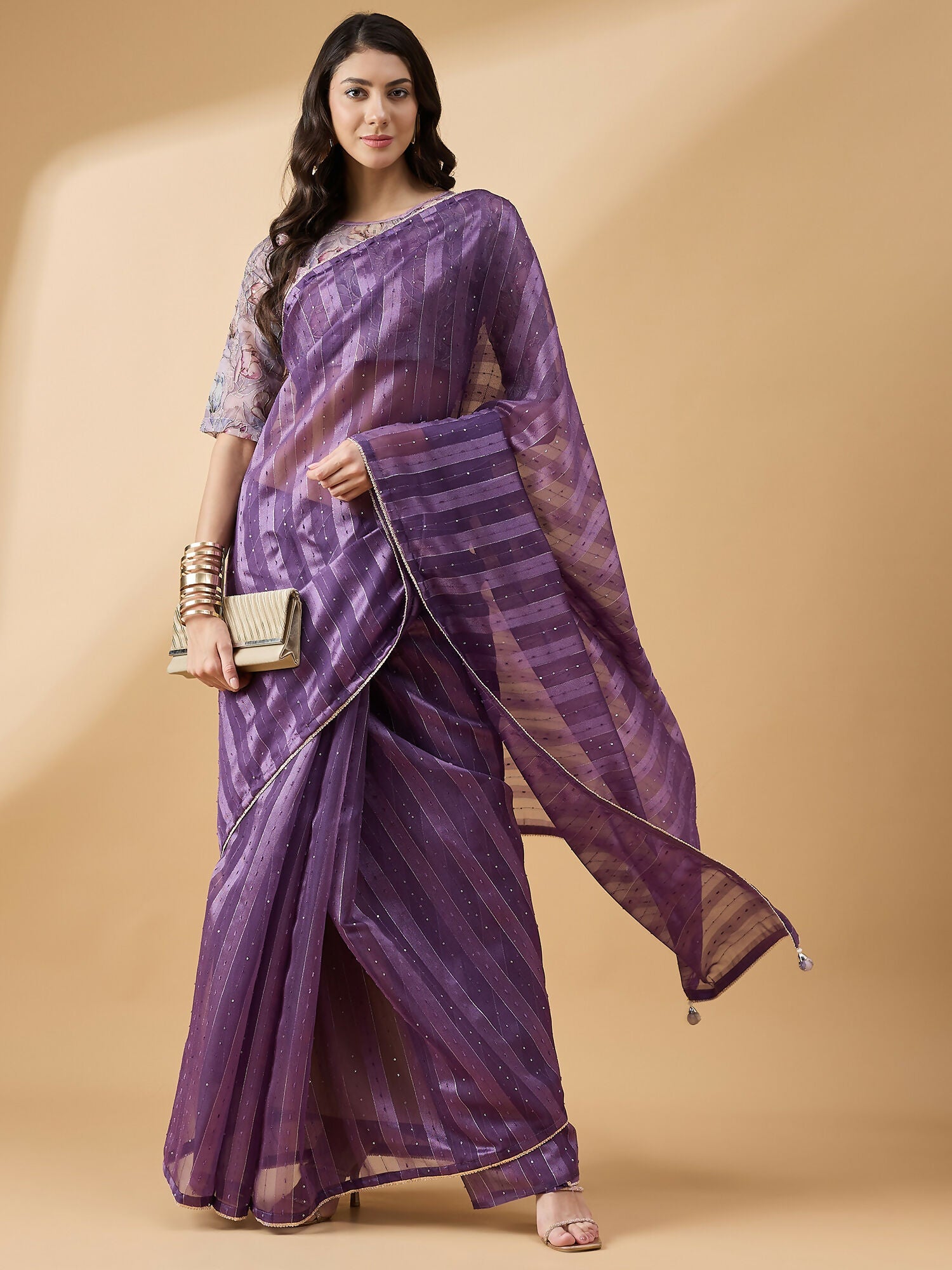 Purple Cotton Blend Sequence Work Saree with Stitched Blouse - Dharavi
