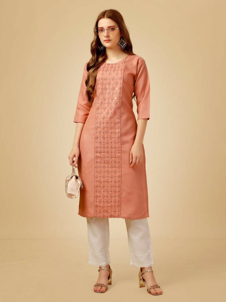 Aastha Fashion Women's Gajri Cotton Blend Embroidered Kurta Pant Set - Grab2buy