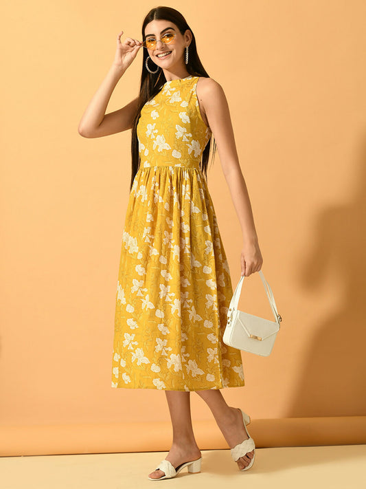 Myshka Women's Yellow Fit and Flare Party Dress