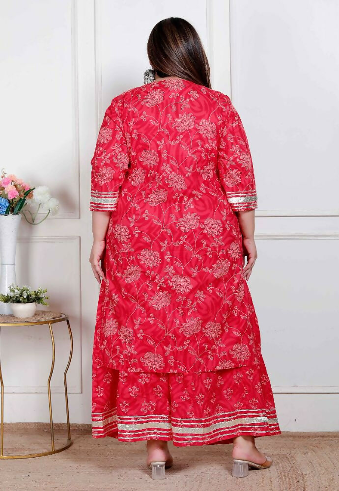 Miravan Plus Size Red Floral Print Embroidered Cotton Straight Kurta With Palazzo & Dupatta