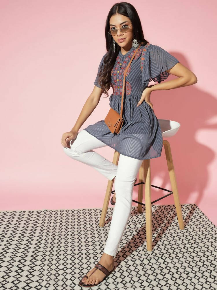 Myshka Women Grey Solid V-Neck Flared Sleeves Synthetic Georgette Top