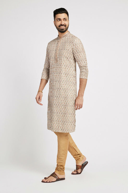 Ethnic India Beige Men's Kurta Embellished Viscose Rayon | Swadesiicart