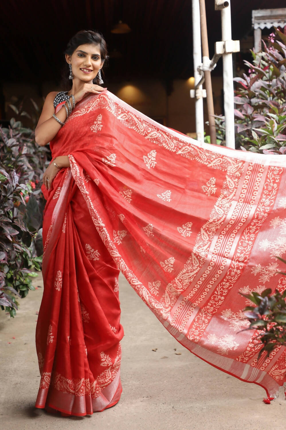 Very Much Indian Organic Linen With Handblock Printing Saree - Red - Grab2buy