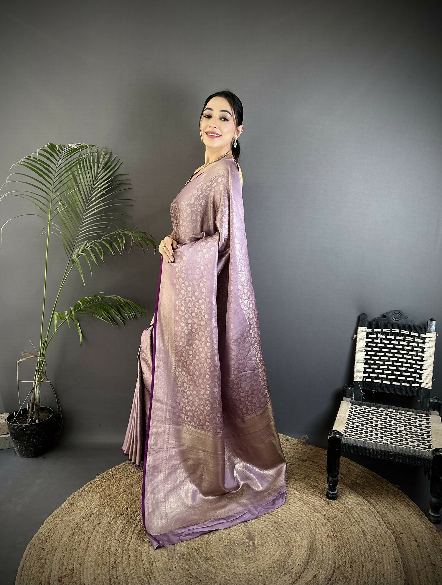 Joban Fashion Lavender Floral & Paisley Motifs Soft Satin Silk Banarasi Saree