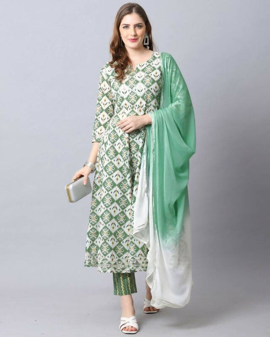 Aastha Fashion Women's Bottle Green Cotton Embroidered Kurta with Trouser & Dupatta - Grab2buy