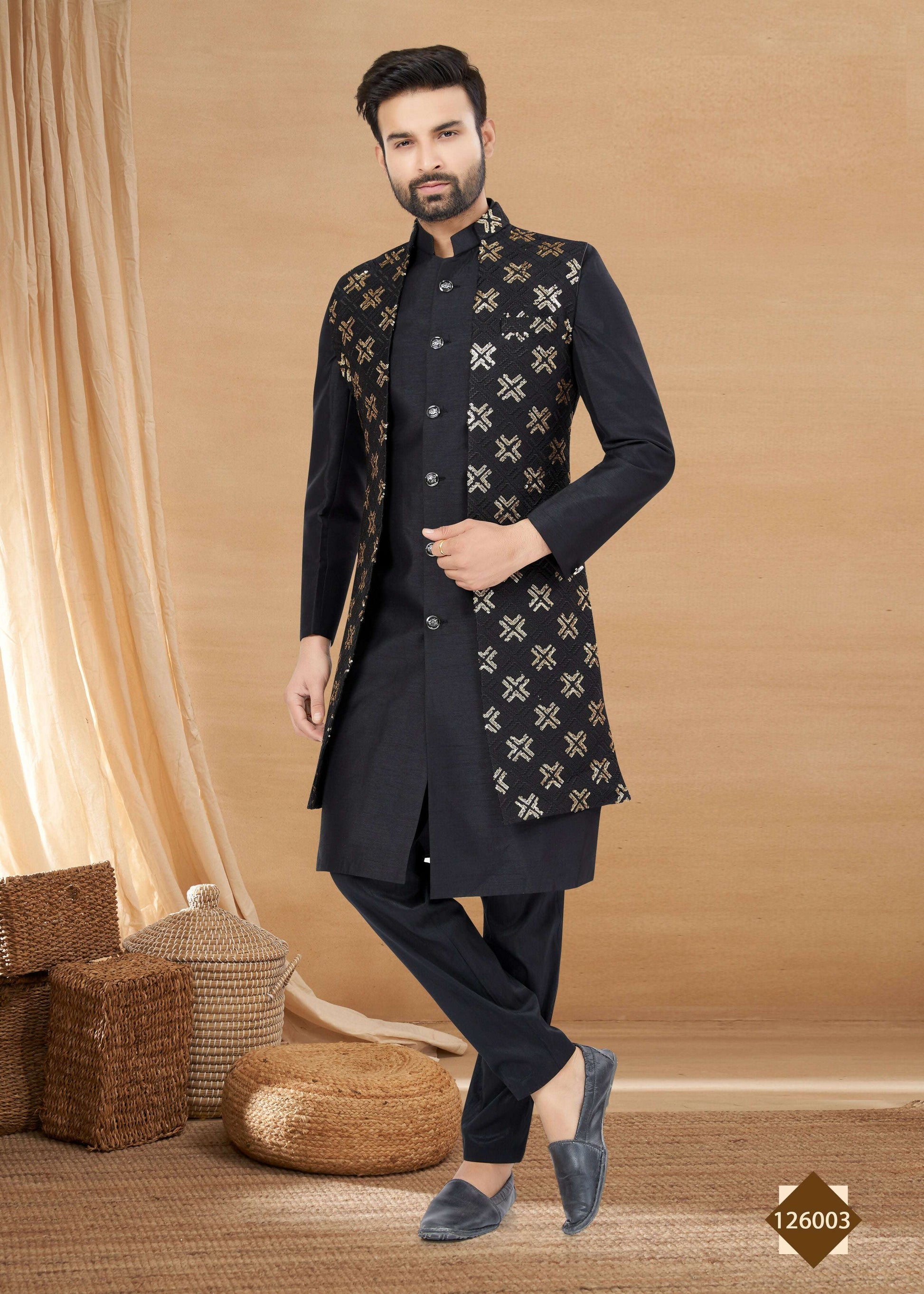 Joban Fashion Men's Black Heavy Art Silk Plain Indowestern