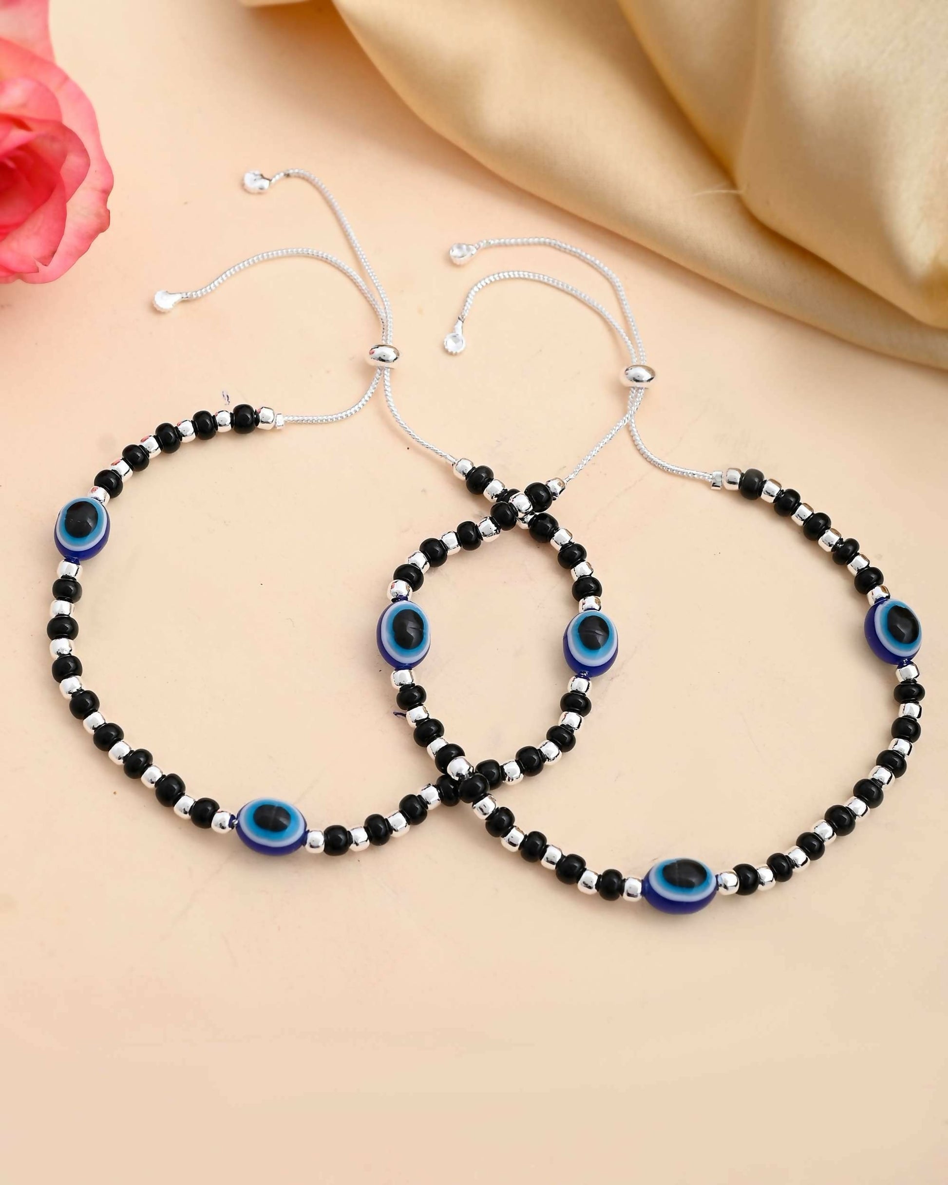 VOJ Set of 2 Silver Plated Evil Eye With Black And Silver Beads Anklet 