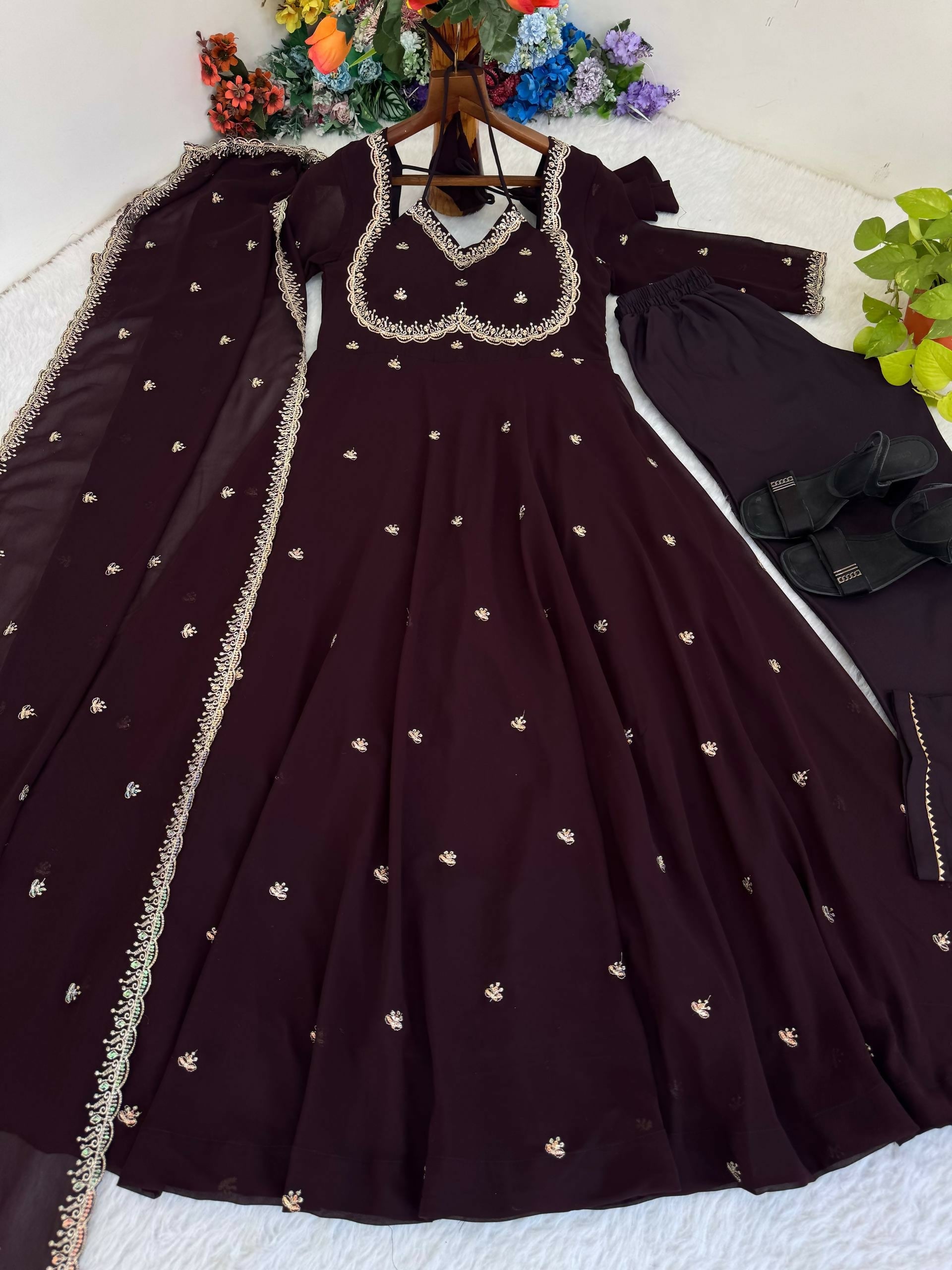 Teeya Creation Womens New Fancy Fox Georgette Heavy Quality Fabric With Handwork Brown Gown Set