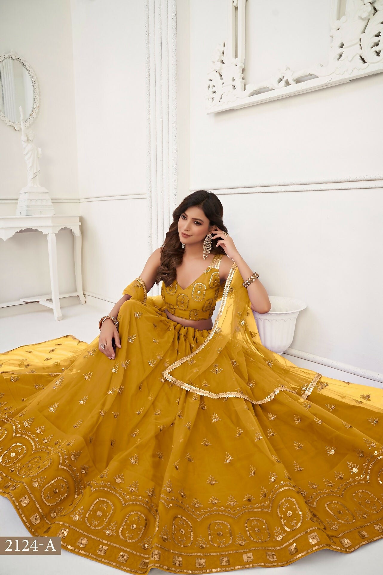 Eilara Women'S Mustard Yellow Butterfly Net With Tone Thread Work And Sandwich Embroidered Work Lehenga Choli For Wedding