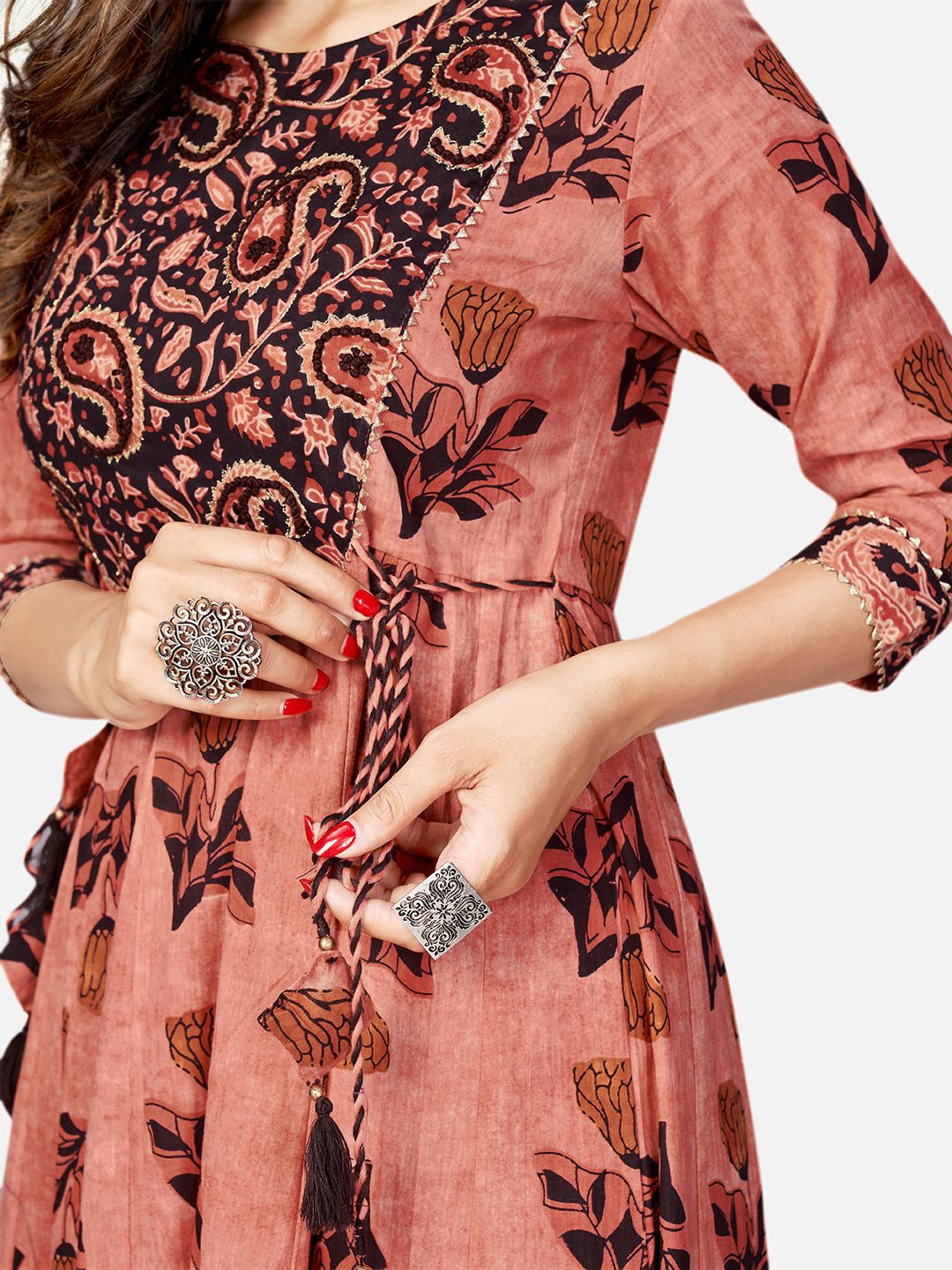 NOZ2TOZ Women's Printed & Hand Work Anarkali Cotton Brown Kurta (1Pc) 