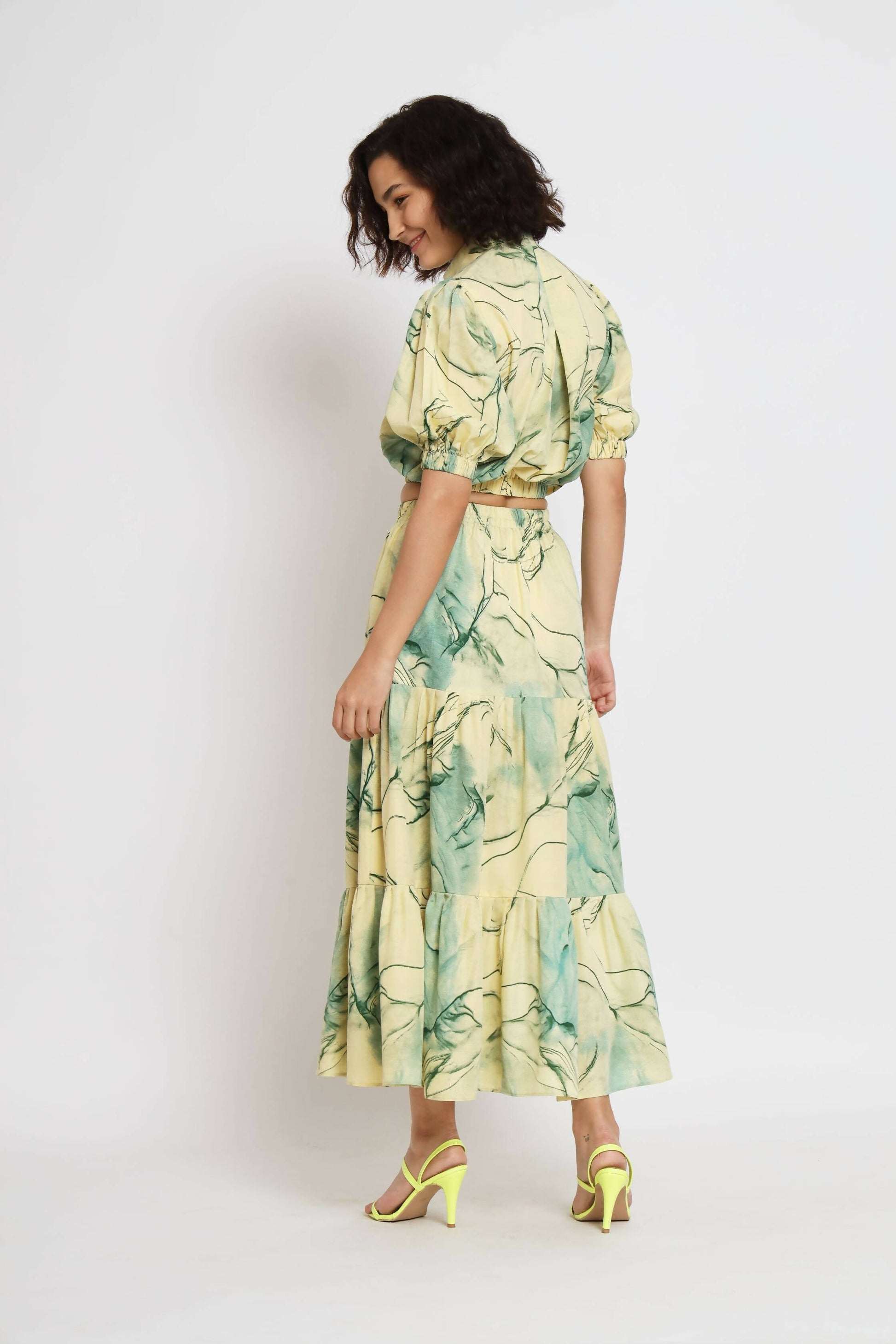 Green Rayon Tie dye Printed Top with Matching Skirt - Shivani