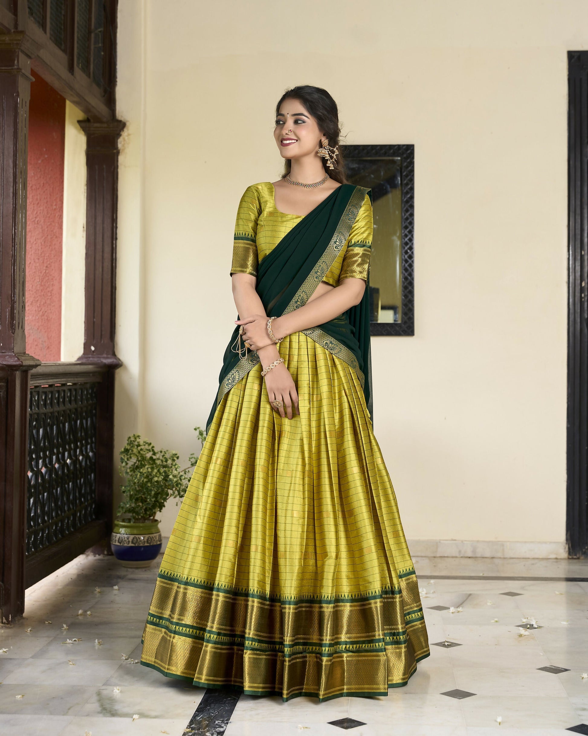 Lorenvalley Parrotgreen Cotton Silk Weaving Work With Paithani Concept Lehenga Choli 