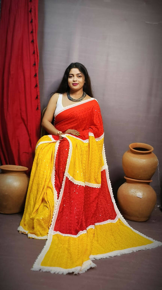 Exclusive Collection Chikankari Sequence Grab2Buy - Yellow & Red 