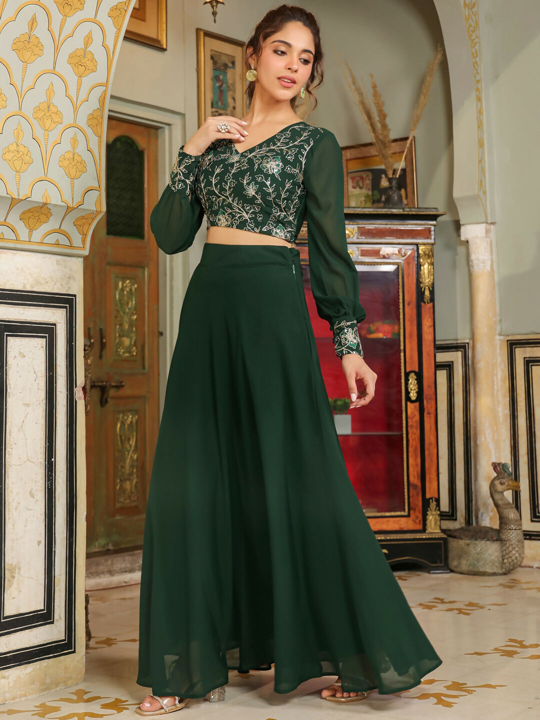 Janasya Dark Green Georgette Embroidered Top & Skirt 
