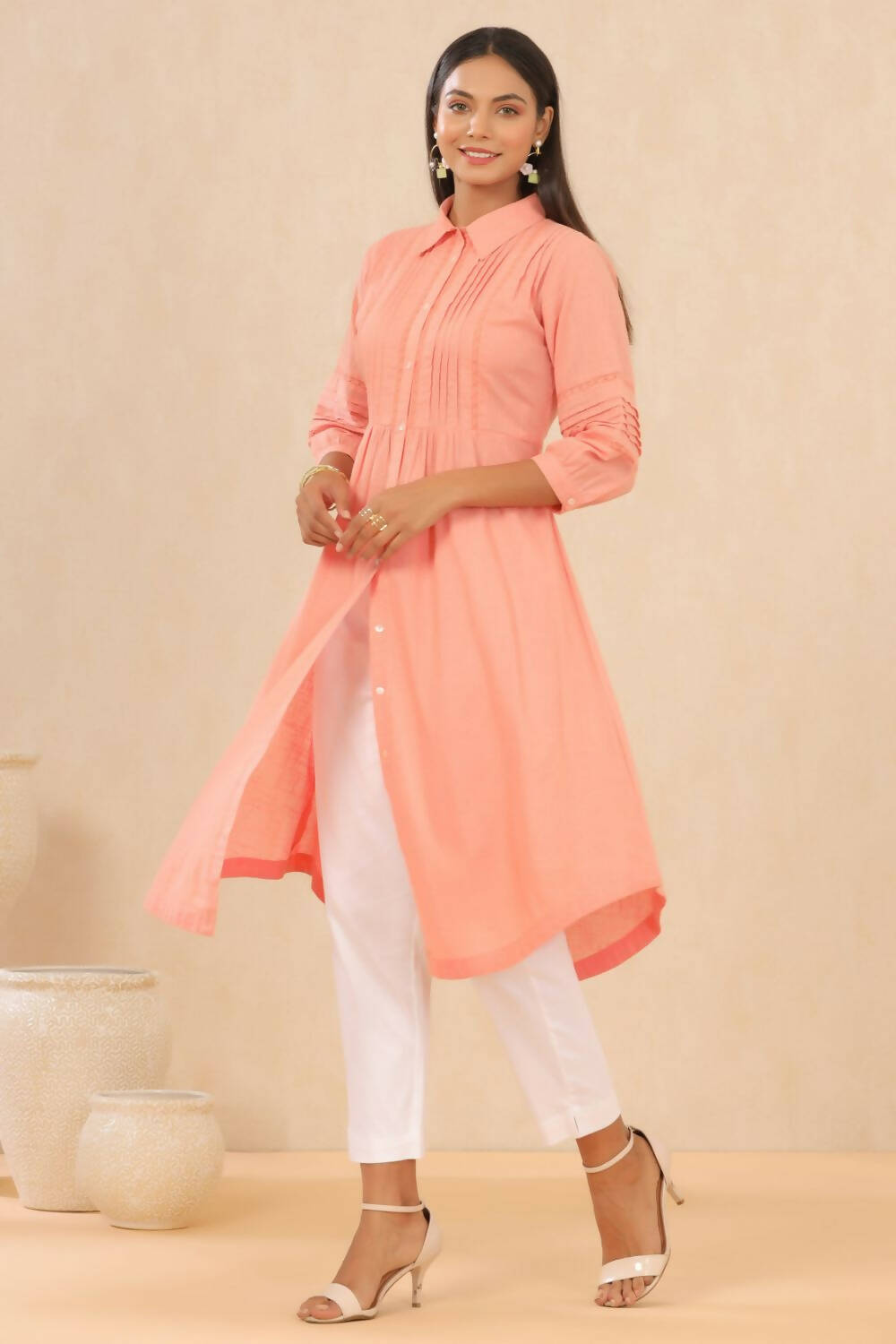 Juniper Womens Blush Pink Cotton Slub Solid Mid Length Shirt Dress With Lace Detailing
