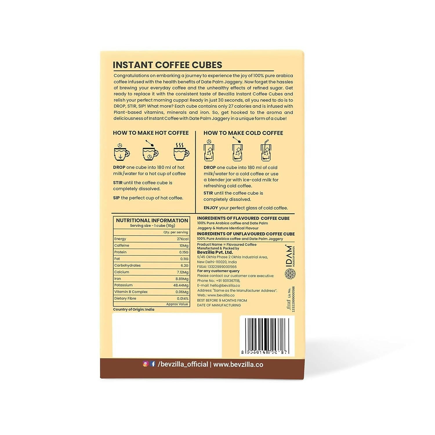 Bevzilla Instant Coffee Cubes Pack with Organic Date Palm Jaggery - Creamy Vanilla 