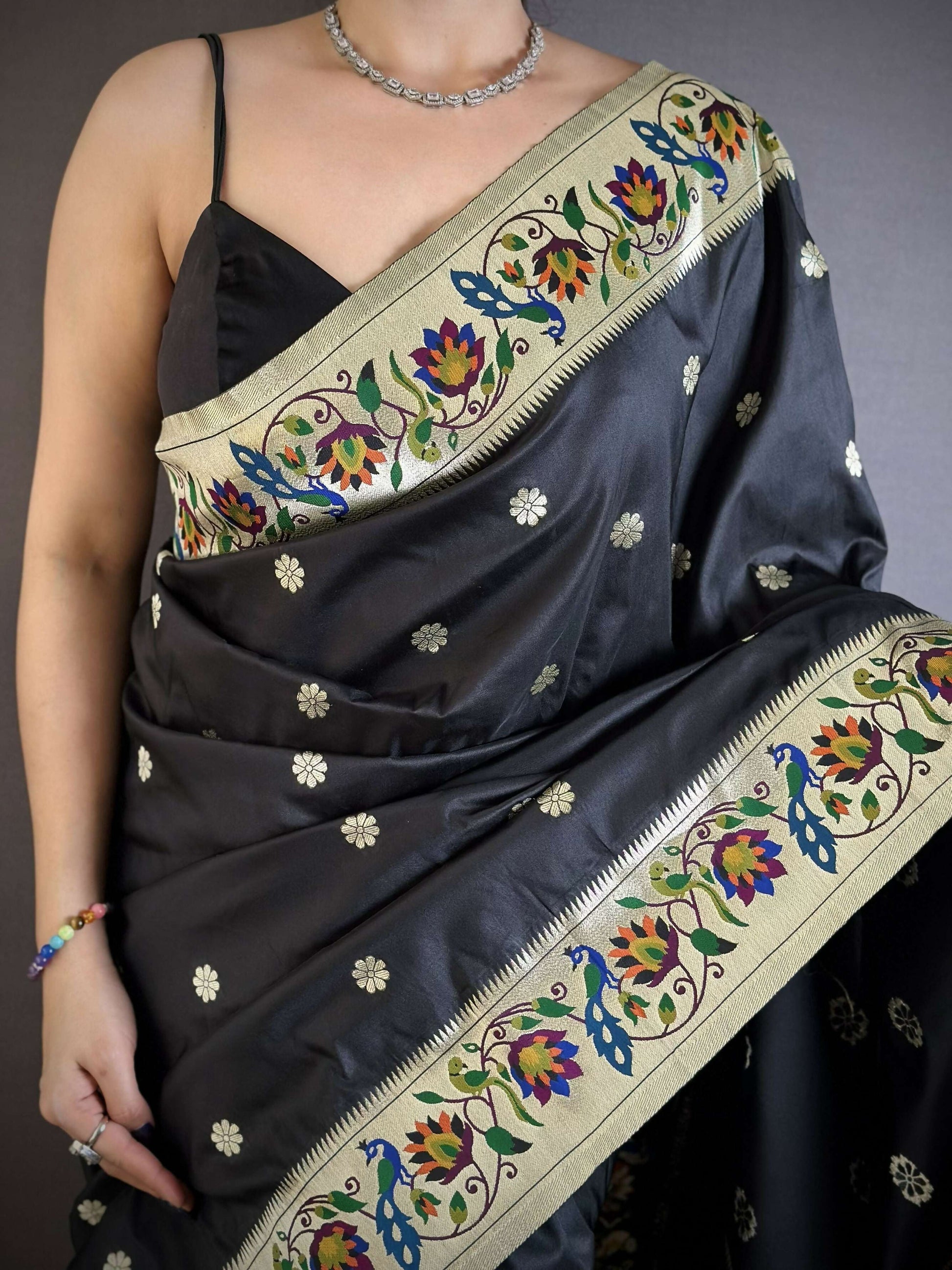 Prime Volt Premium Soft Silk Mayur Paithani Saree with Peacock Meena Weaving & Rich Pallu-Black