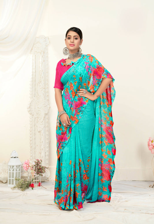Sea Green Georgette Floral Printed Saree With Unstitched Blouse Piece - Jyoti