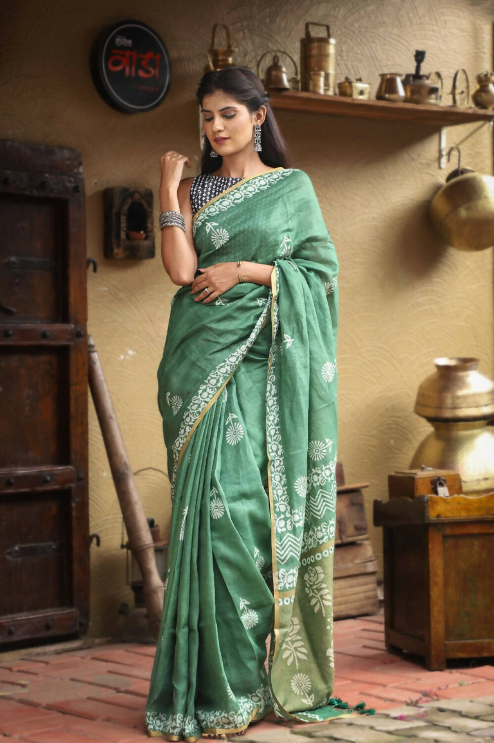 Very Much Indian Organic Linen With Handblock Printing Saree - Green - Grab2buy