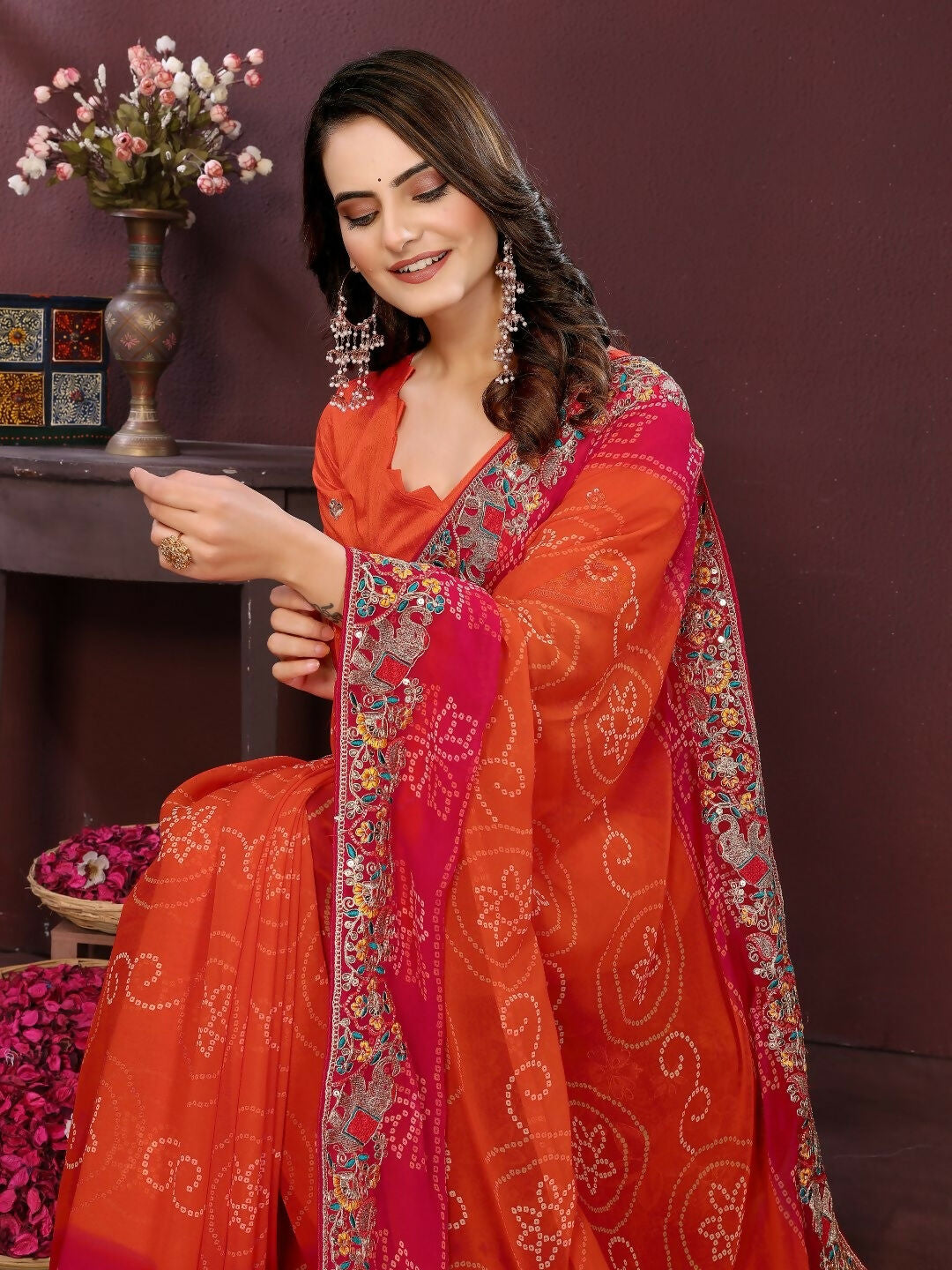Ai Fashion Orange Georgette Digital Print Party Wear Saree