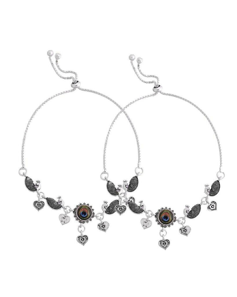 VOJ Set Of 2 Silver Plated Peacock Handcrafted Anklets 