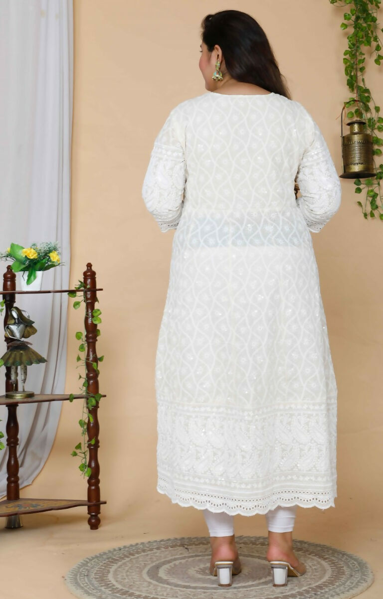 Miravan Women's Plus Size Beige Chikankari Thread Work Anarkali Kurta With Dupatta 