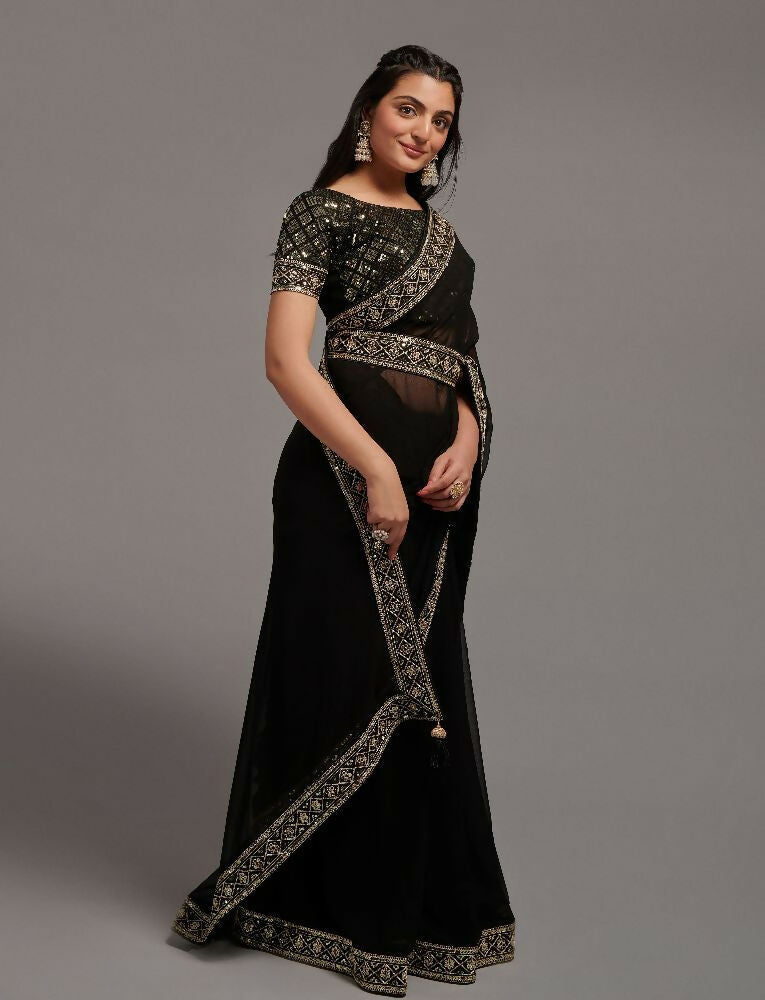 PR Fashion Black Zometo Embroidery Lace Saree
