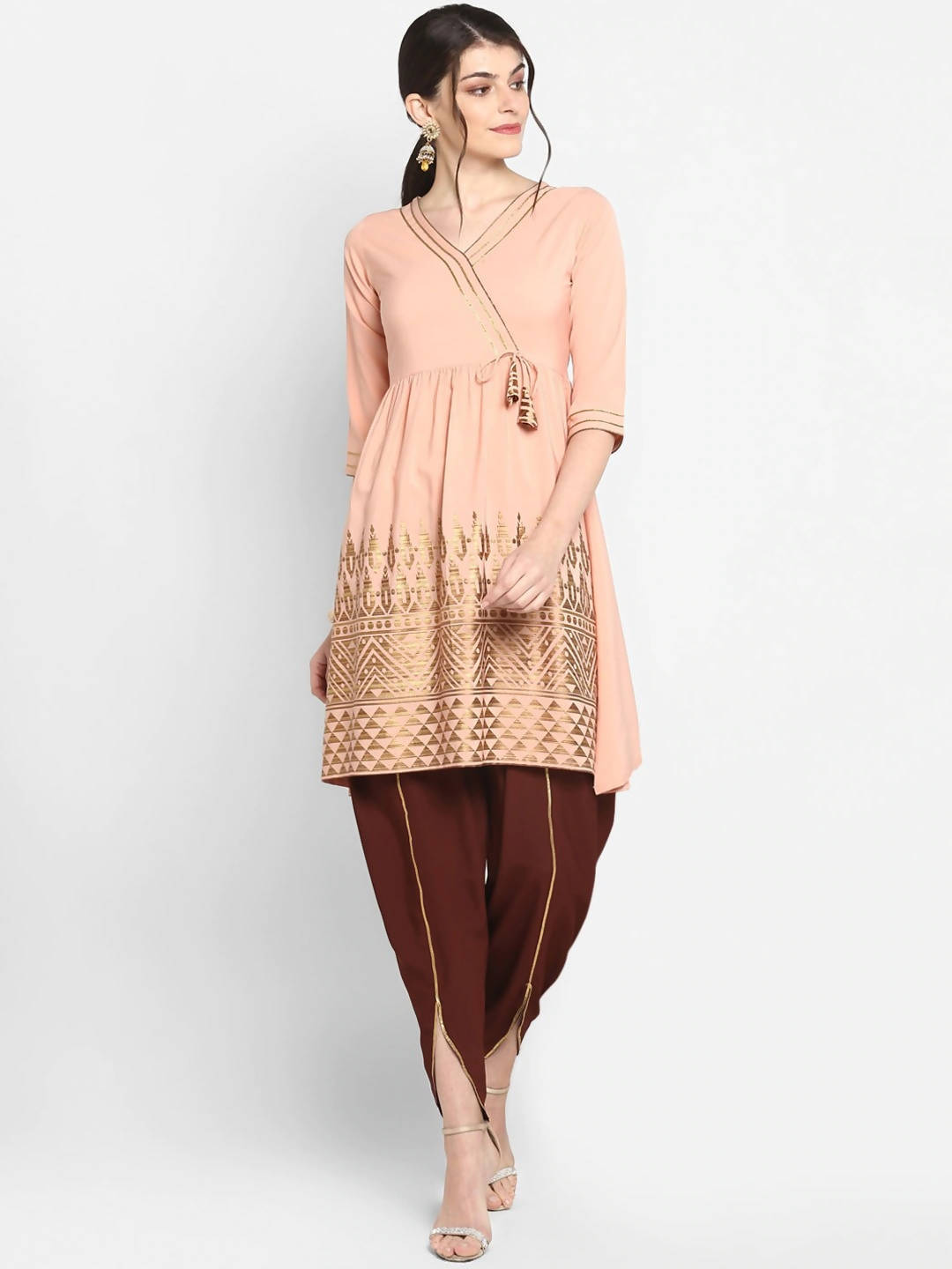 Janasya Women Peach-Coloured & Maroon Printed Angrakha Gotta Patti Kurta with Dhoti Pants