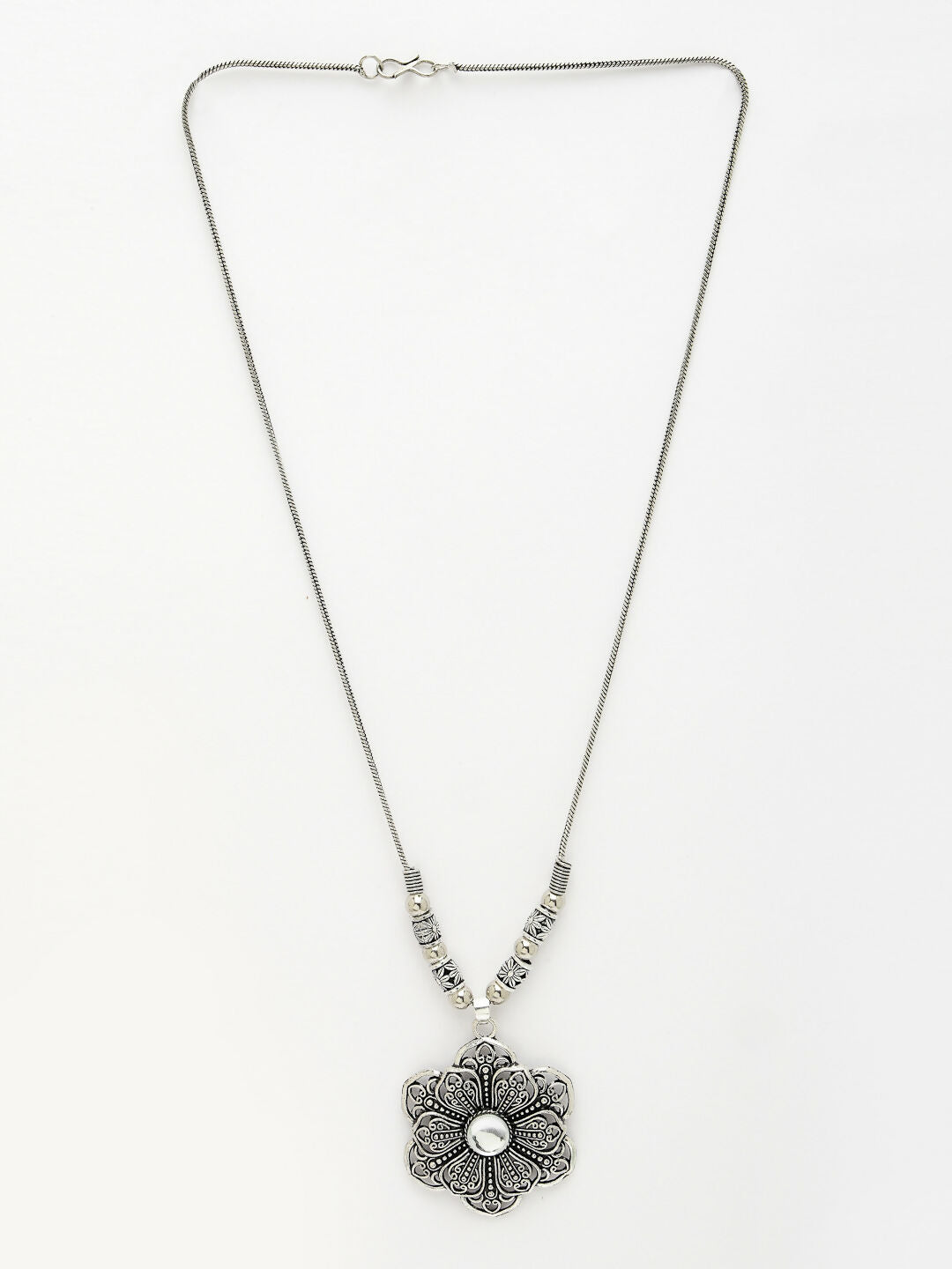 NVR Women's Silver-Toned Floral Shape Pendant with Chain 