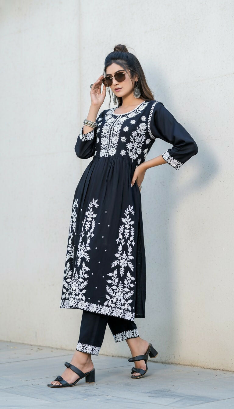 BulBul Arushi Black Rayon Kurta Set with Lucknowi Work 