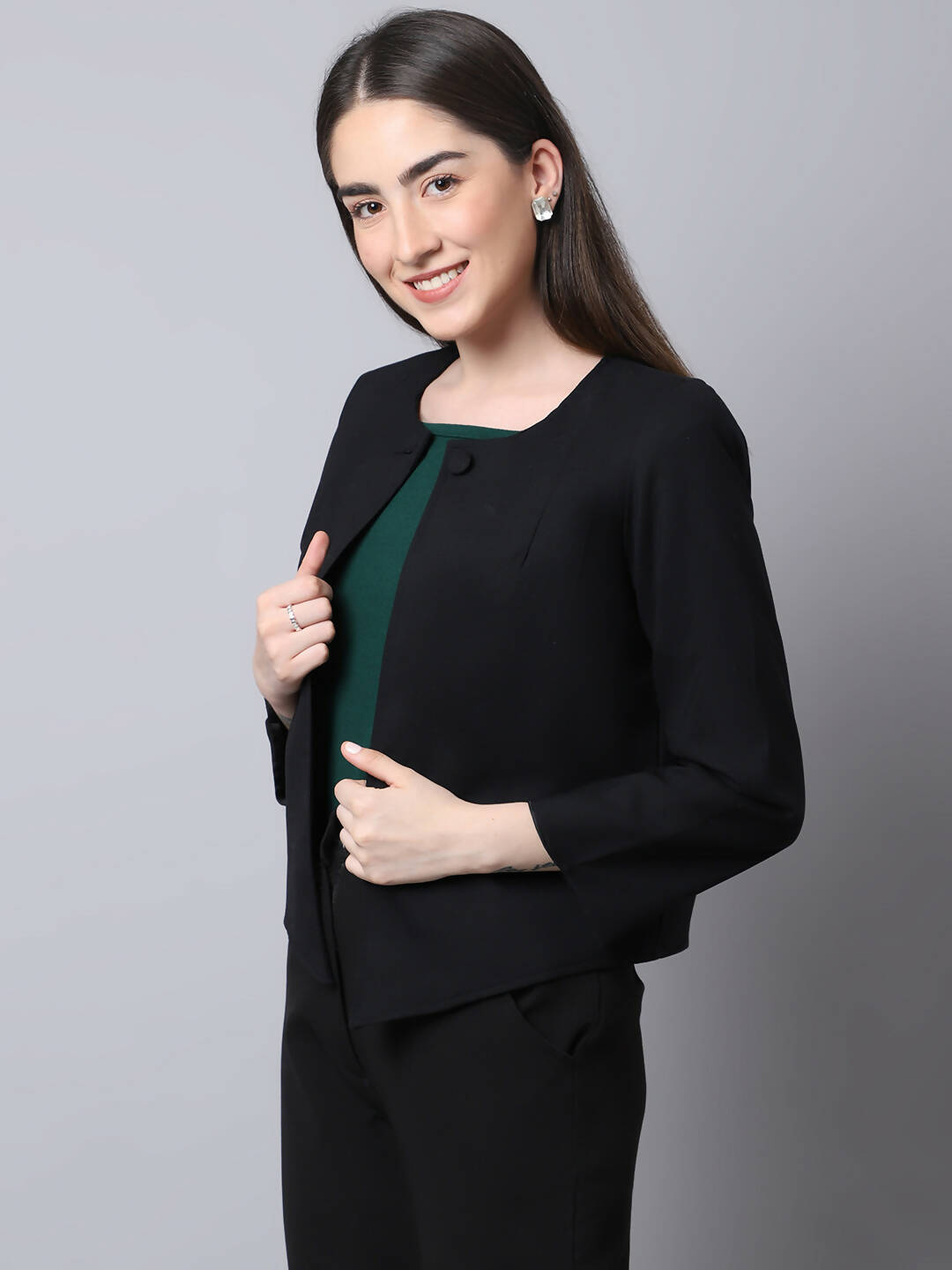 Even Apparels Black Polywool Open Front Statement Women's Jacket 