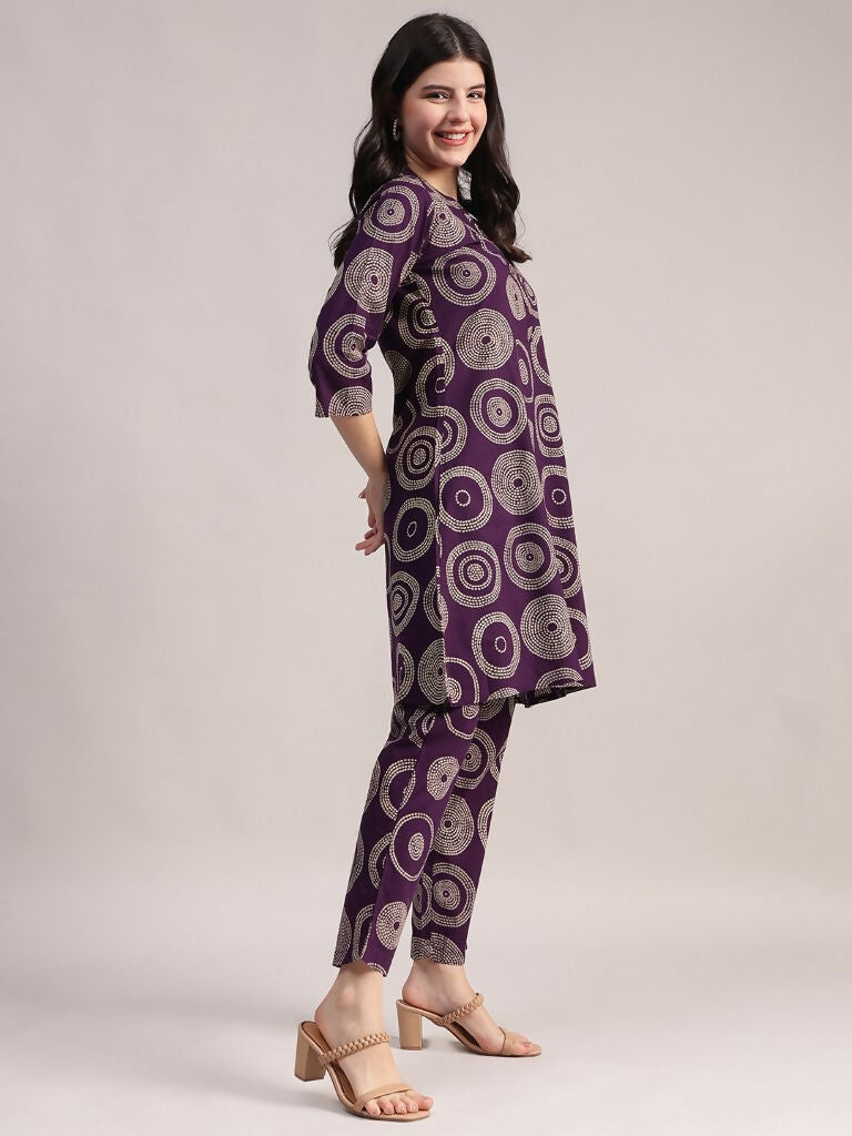 Aavyora Women's Purple Abstract Printed Pure Cotton Co-ord Set 