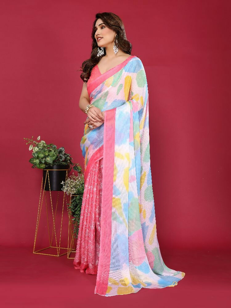 PR Fashion Pink Moss Chiffon Printed Saree