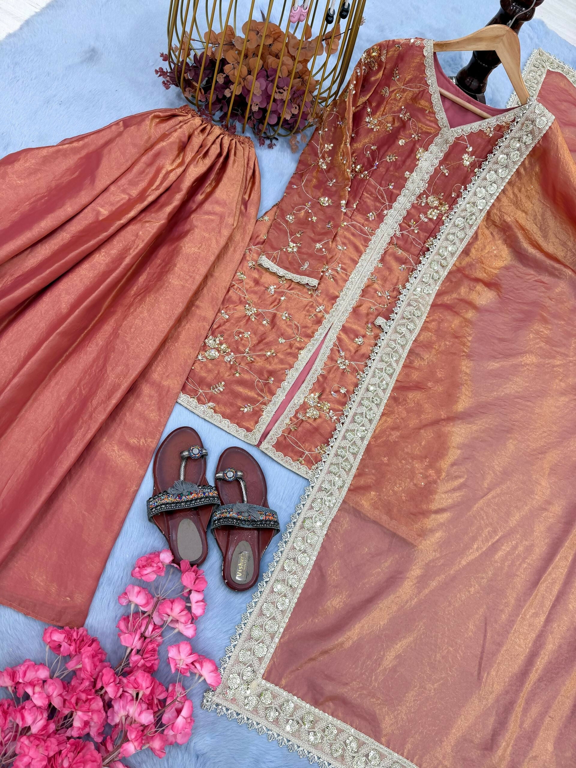 Teeya Creation Womens New Trendy Heavy Embroidery Work Kurta Palazzo Set - Orange