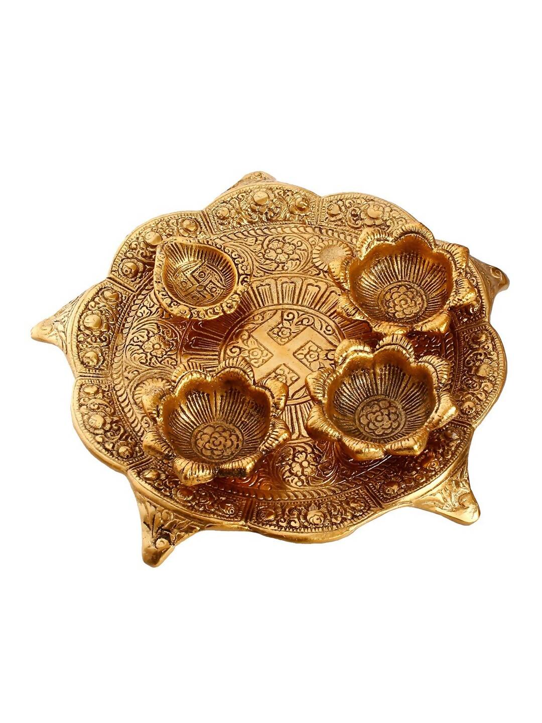 Grab2Buy Gold-Toned Swastik Pooja Thali Bowl & Diya Showpiece 