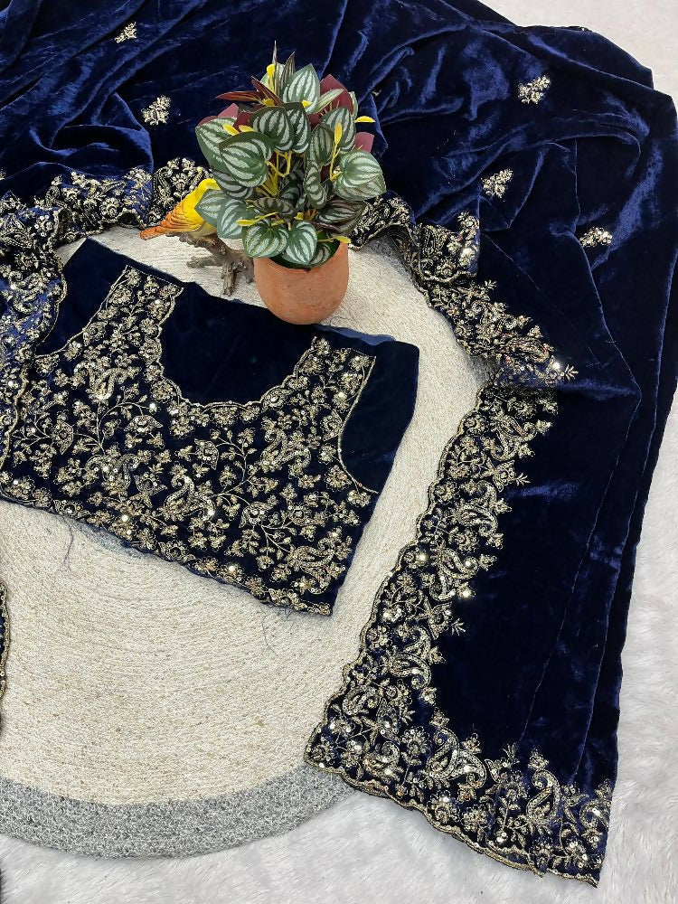 Joban Fashion Royal Blue 9000 Velvet Party Wear Sarees