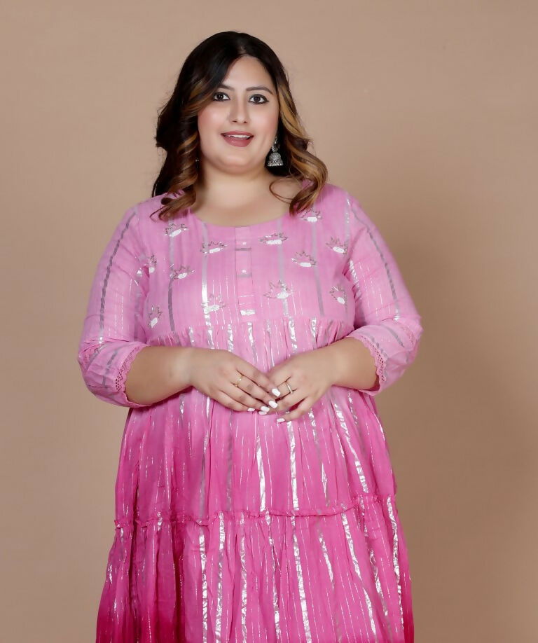Miravan Women's Plus Size Cotton Embroidery And Lace Work Pink Party Wear Anarkali Kurta