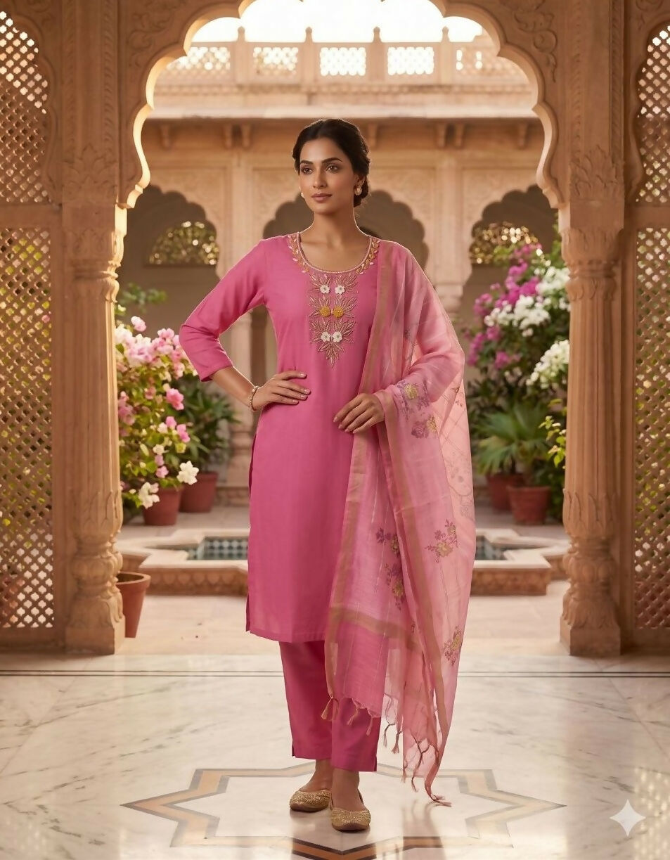 Teeya Creation Womens New Fancy Premium Mul Chanderi Kurta Set - Pink