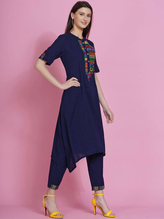 Women Republic Navy Blue Cotton Embroidered Kurta With Pants - Grab2buy