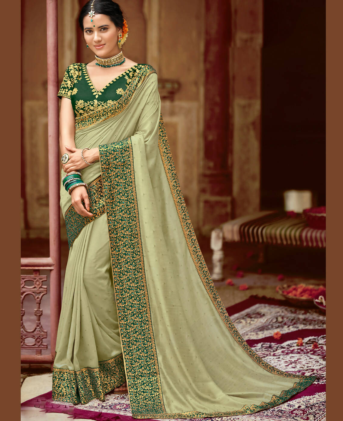 Green Vichitra Stone Work Saree With Unstitched Blouse Piece - Rosy