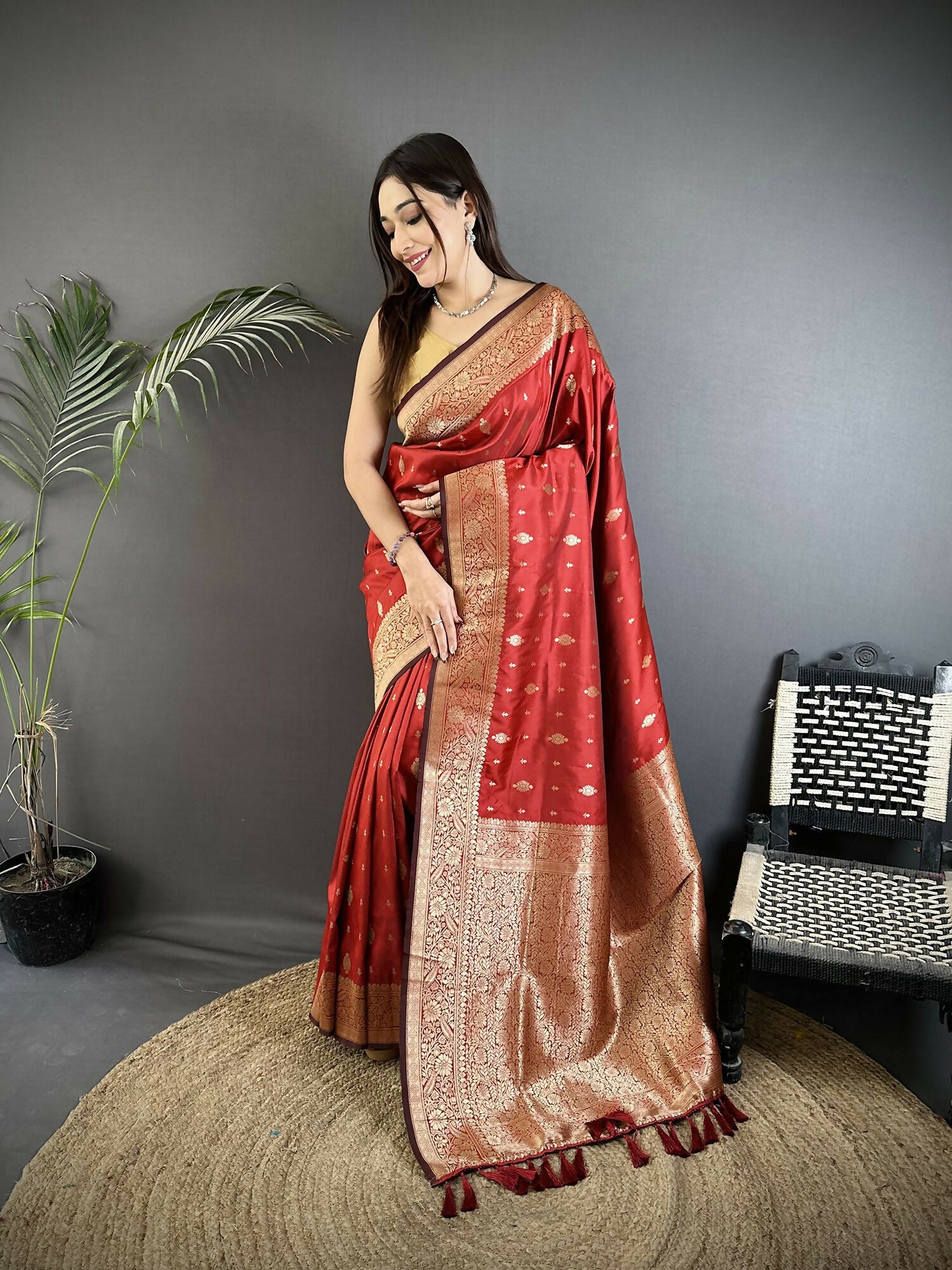 Joban Fashion Red Zari Weaving Motif Lichi Silk Banarasi Silk Saree