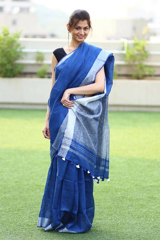 Very Much Indian Pure Linen Saree With Sleek Border And Exclusive Design - Blue - Grab2buy