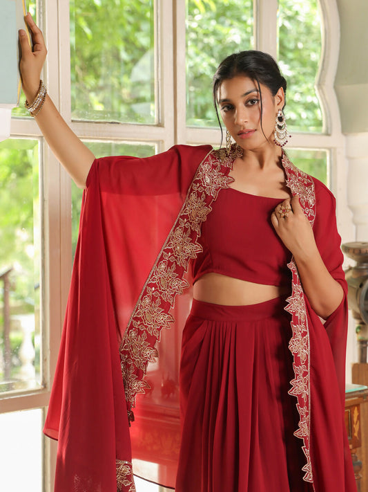 Janasya Maroon Georgette Solid Top Bottom Cape 