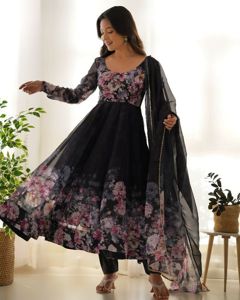 Joban Fashion Black Kurta Set Organza Sequin Embroidery Work 