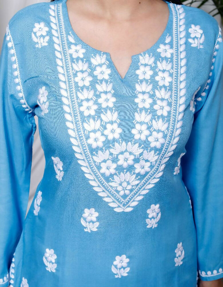 Miravan Womens Blue Embroidered Kurta With Palazzo