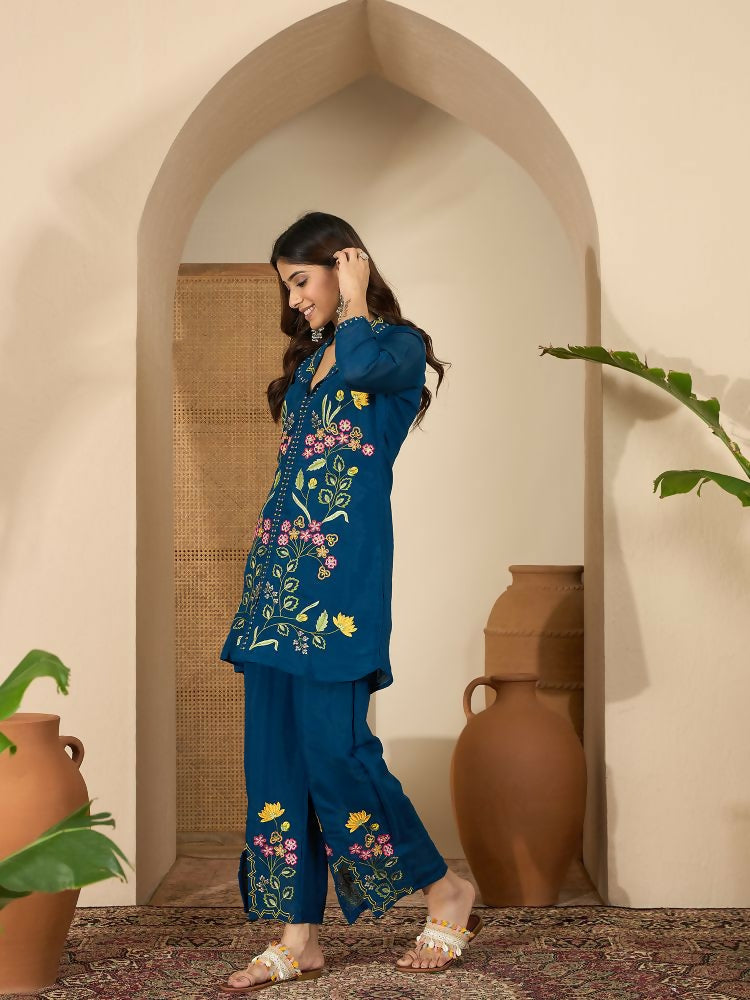 Joban Fashion Women Blue Roman Silk Embroidered Stitched Kurta Set