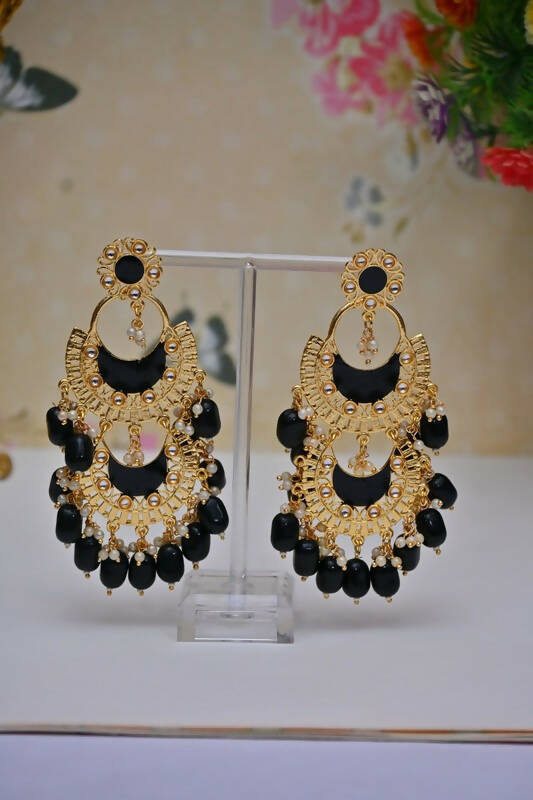 Meenakari Work Gold Plated 2 Layered Beaded Black Chandbali Earrings with Kundan and Pearl Work By House of Ree - Grab2buy