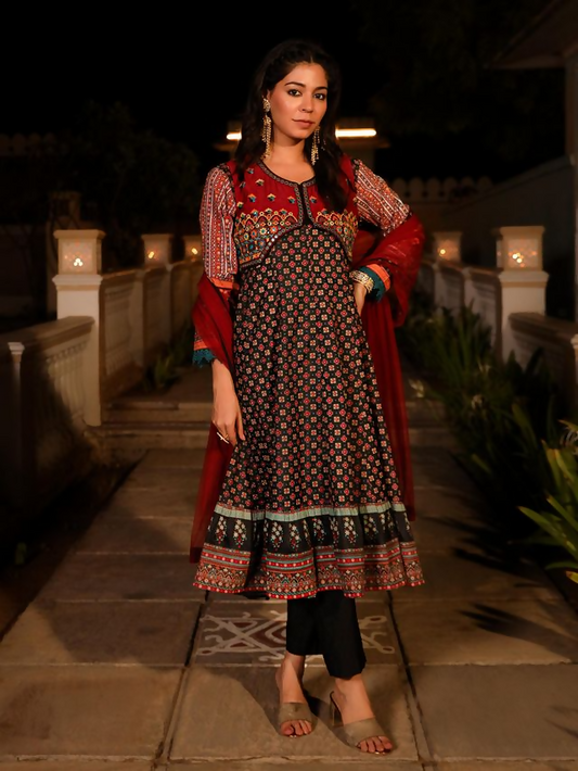 Juniper Women's Black Ethnic Motif Printed Rayon A-lined Kurta Palazzo And Dupatta With Mirror & Thread Work