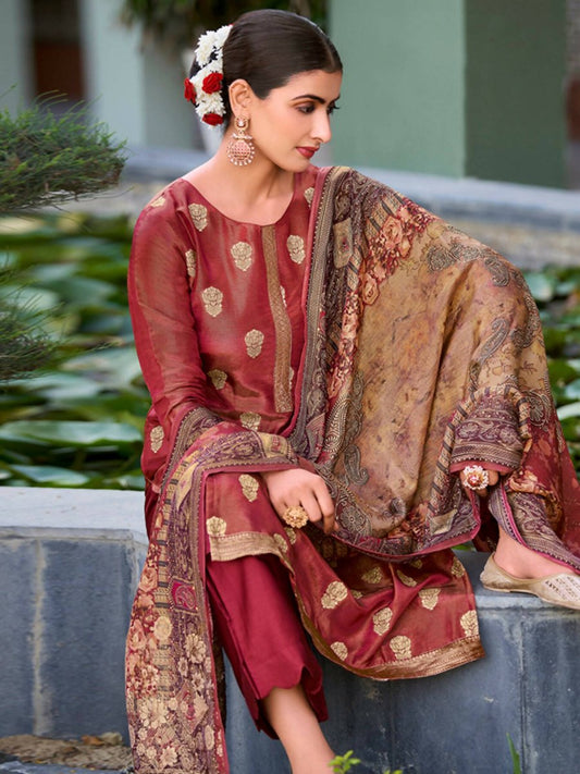 Aastha Fashion Women's Maroon Pure Silk Elegant Jacquard Woven Kurta with Trouser & Dupatta - Grab2buy