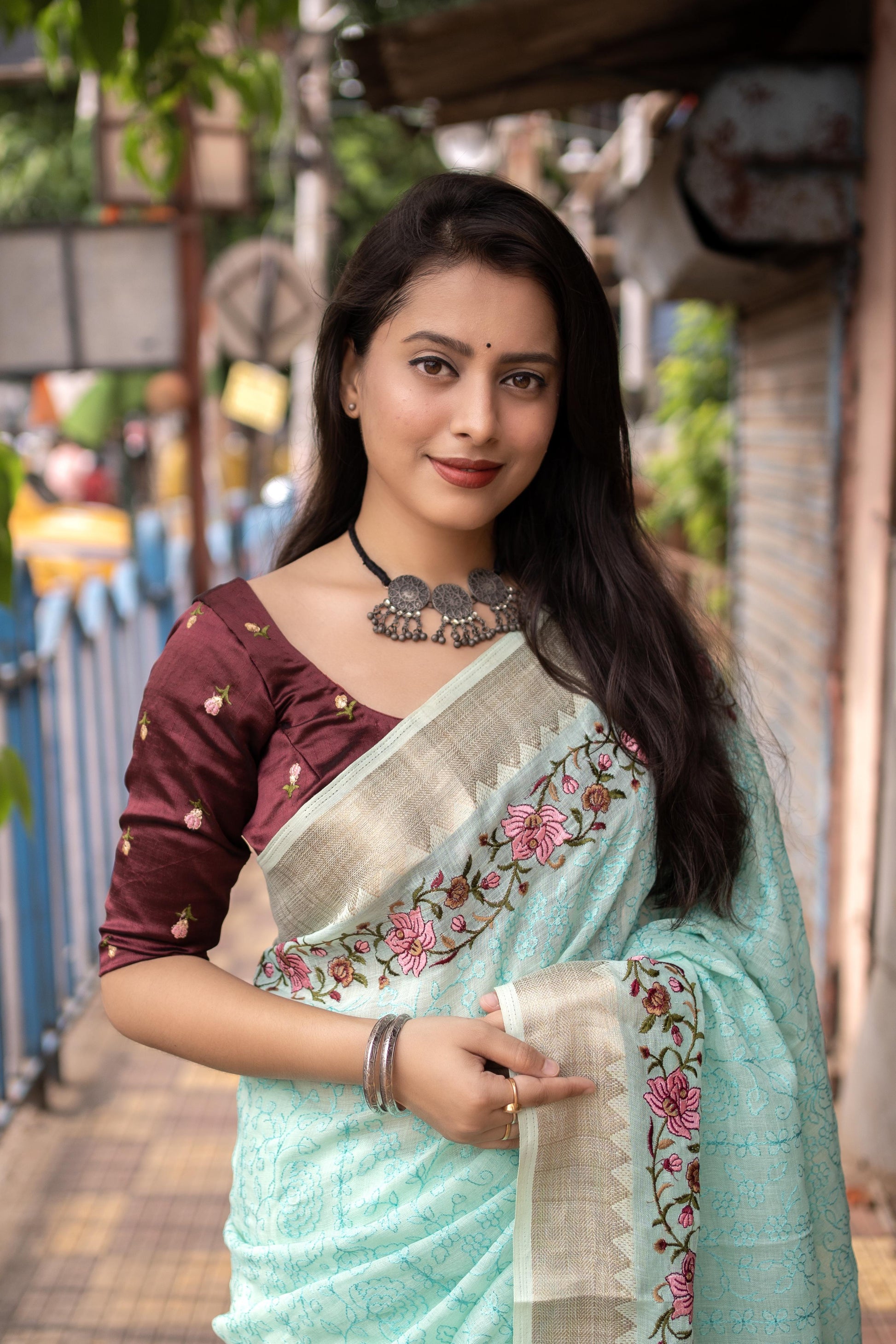 Blue Pure Linen Woven Design Saree with Unstitched Blouse - A2M